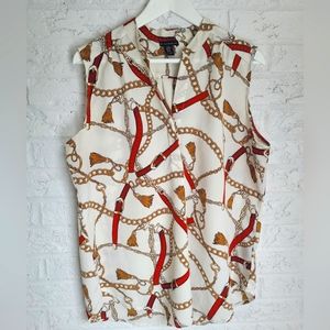 Sleeveless Blouse with Chain Link Gold & Red Print